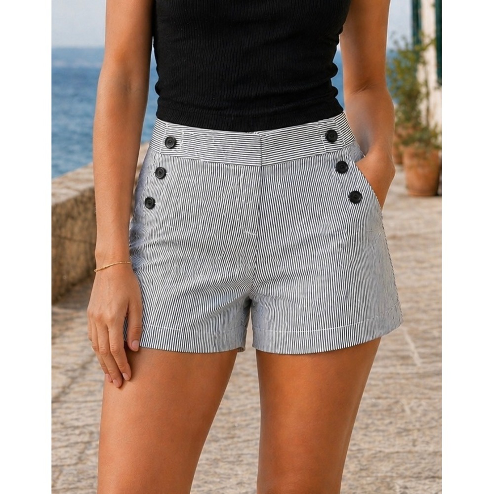 LOFT Nautical Striped Riviera Shorts Womens 10 Sailor Buttons